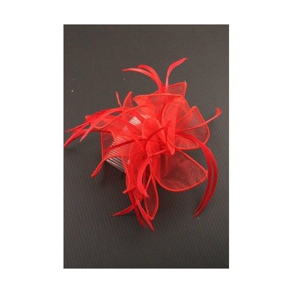 Red Looped Fabric and Feather Fascinator on a clear comb