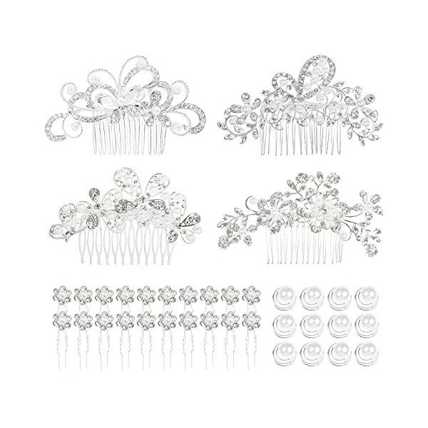 Cinaci Lot de 36 peignes à cheveux argentés brillants avec perles et strass + pinces à cheveux en forme de U et épingles à ch