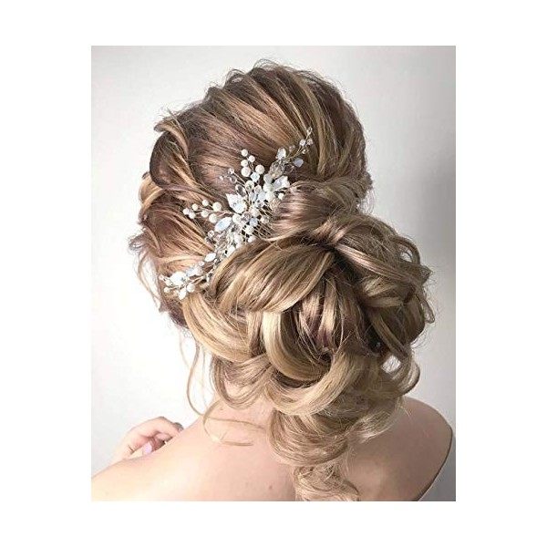 Unicra Peigne à cheveux de mariée avec cristaux opales et feuilles argentées - Accessoire pour cheveux pour femme et fille