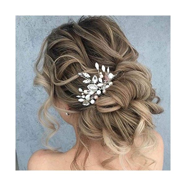 Edary Peigne à cheveux en forme de fleur avec strass et perles pour mariée Argenté 2
