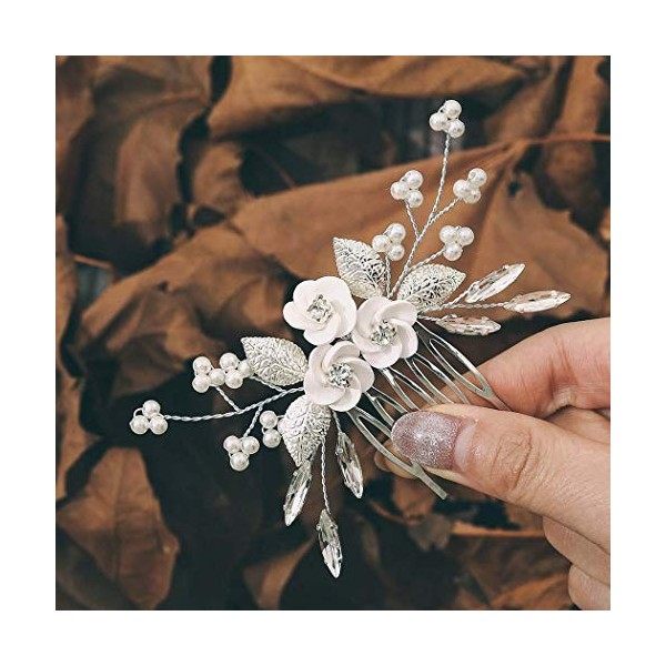 Edary Peigne à cheveux en forme de fleur avec strass et perles pour mariée Argenté 2