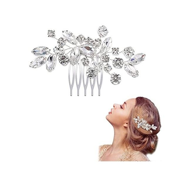 Peigne à cheveux pour femme avec strass et perles, motif feuilles argentées - Accessoire de mariage pour femme - Accessoire d