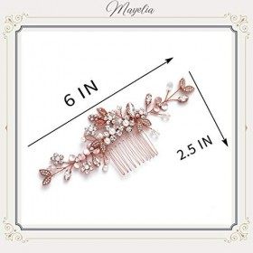 Mayelia Peigne à cheveux en cristal pour mariée - Or rose - Accessoire de cheveux pour femmes et filles feuille 