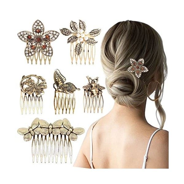 Lot de 6 Peignes Latéraux pour Cheveux Vintage Femmes Décoratifs, Pinces à Cheveux en Métal avec Strass en Perles Dorées Rétr