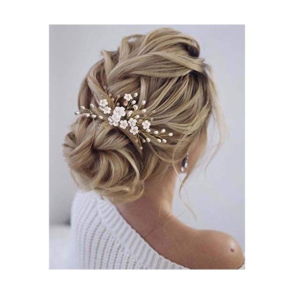 Edary - Peignes à cheveux de mariée en forme de fleur avec cristaux dorés et perles roses pour femmes et filles doré 