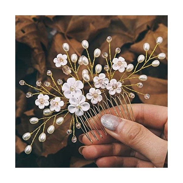 Edary - Peignes à cheveux de mariée en forme de fleur avec cristaux dorés et perles roses pour femmes et filles doré 