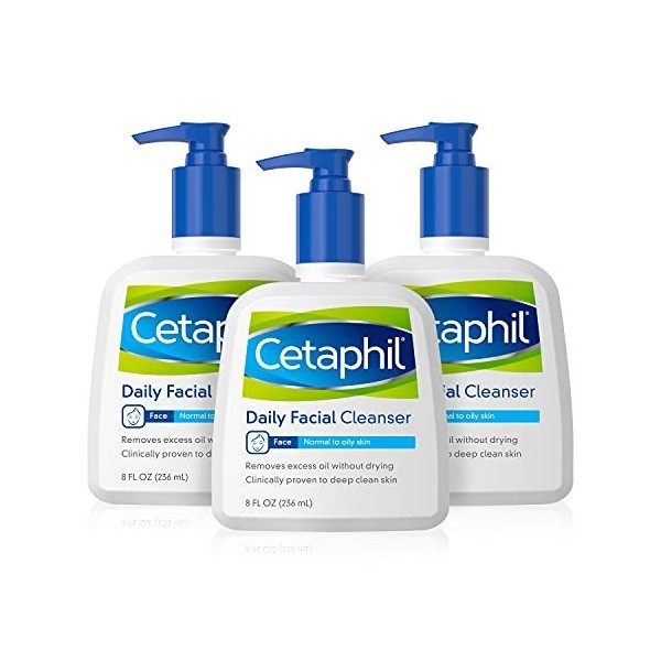 Cetaphil Lot de 3 flacons de nettoyant quotidien pour le visage pour peaux normales à grasses 236,8 ml Crème Jour et Nuit