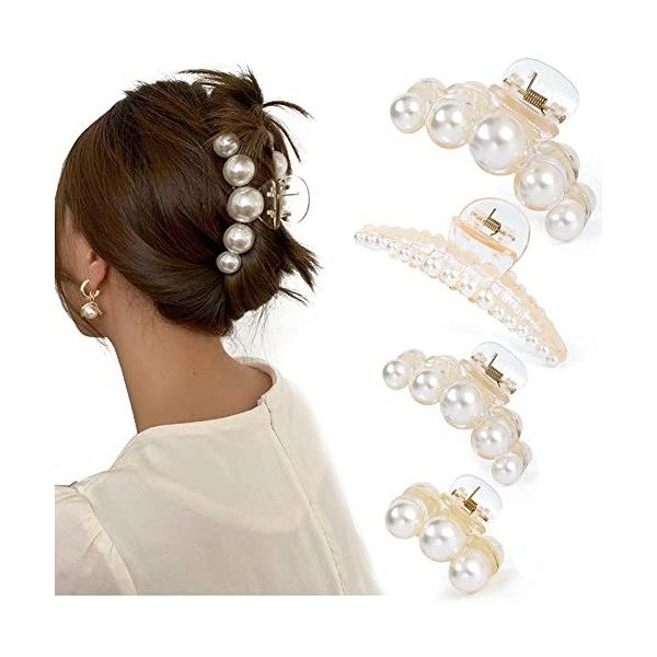 Mehayi Lot de 4 grandes pinces à cheveux avec perles pour femmes et filles, pour cheveux épais et fins, tendance pour fête et