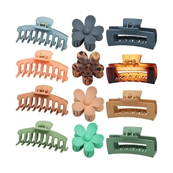 RVUEM 12 PCS Large Hair Claw Clips Flower Claw Hair Clips Rectangle Big Claw Clips for Women Girls, 3 Styles Non Slip Strong 