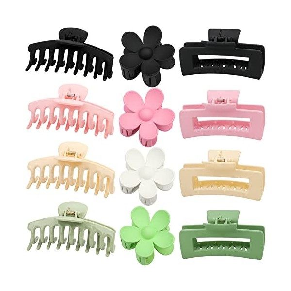 RVUEM 12 PCS Large Hair Claw Clips Flower Claw Hair Clips Rectangle Big Claw Clips for Women Girls, 3 Styles Non Slip Strong 