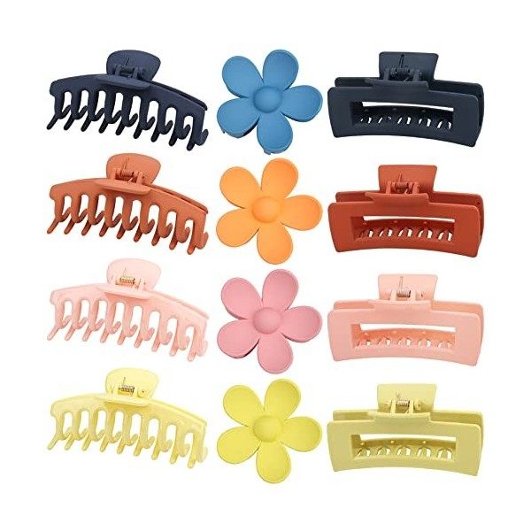 RVUEM 12 PCS Large Hair Claw Clips Flower Claw Hair Clips Rectangle Big Claw Clips for Women Girls, 3 Styles Non Slip Strong 