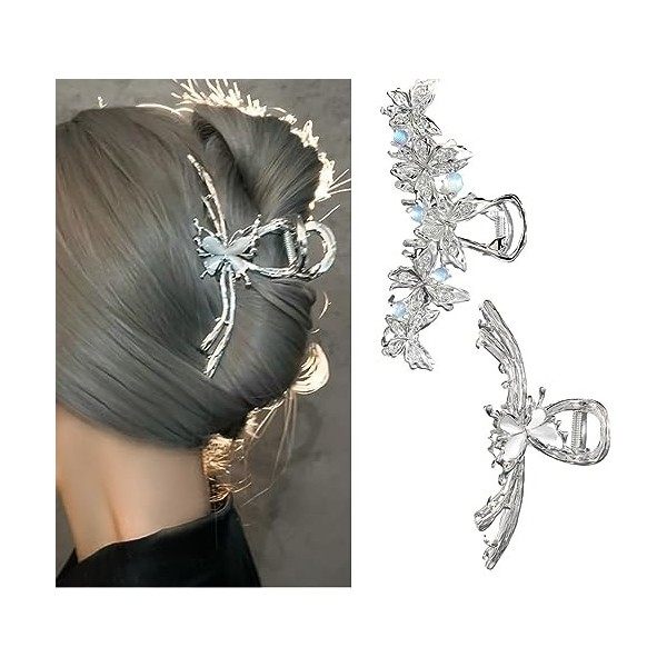 Souarts Lot de 2 barrettes à cheveux en métal avec motif papillon et fleurs - Pour filles et femmes - Antidérapantes - Access