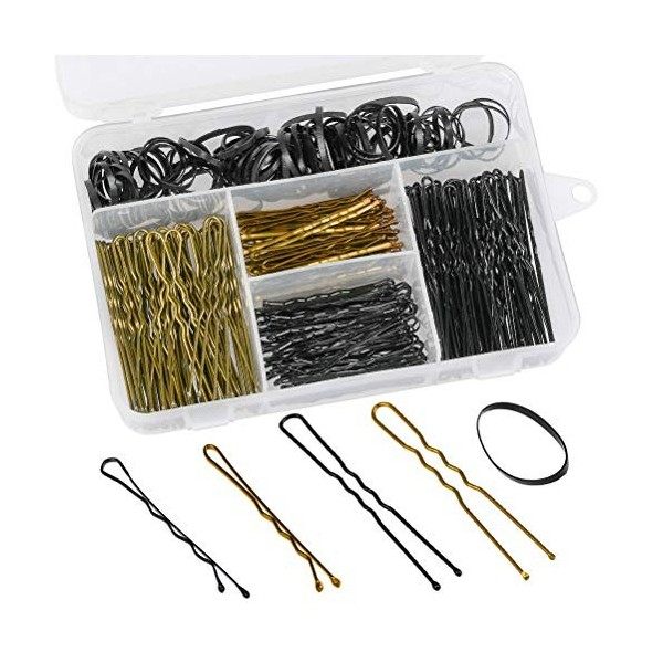 "N/A" 200 Pièces Épingles à Cheveux et 100 Elastiques Cheveux Caoutchouc avec Boîte,Noir u Pinces à Cheveux Métal Bobby Pins 