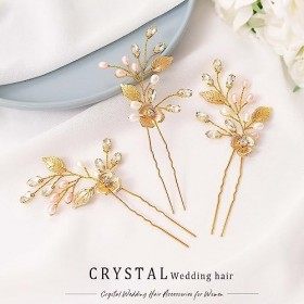Vakkery Lot de 3 épingles à cheveux en forme de fleur avec perles dorées et cristaux pour femme et fille