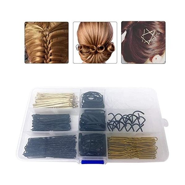 Epingles Cheveux Noires et Dorées, Pince a Chignon en U et Elastique Noir avec Boîte de Rangement,2 Types de Pince Chignon et