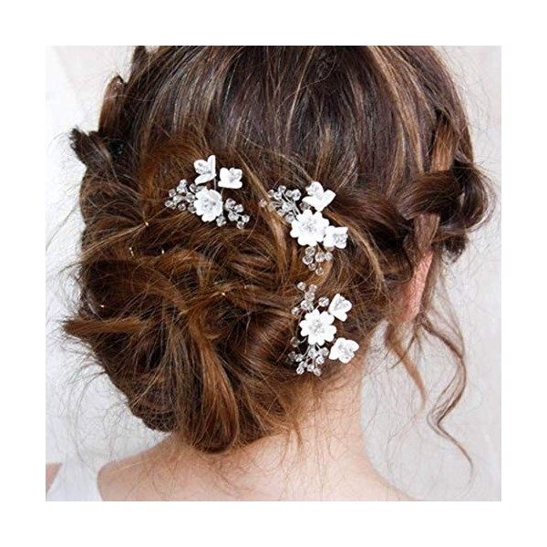 Simsly Lot de 3 Accessoires de Cheveux de Mariage Blanc Fleur pour Cheveux de Mariage Épingles à Cheveux de Mariée en Cristal