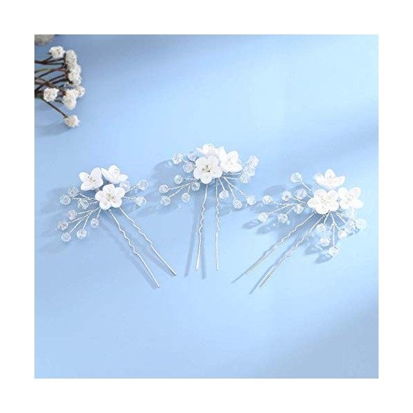 Simsly Lot de 3 Accessoires de Cheveux de Mariage Blanc Fleur pour Cheveux de Mariage Épingles à Cheveux de Mariée en Cristal