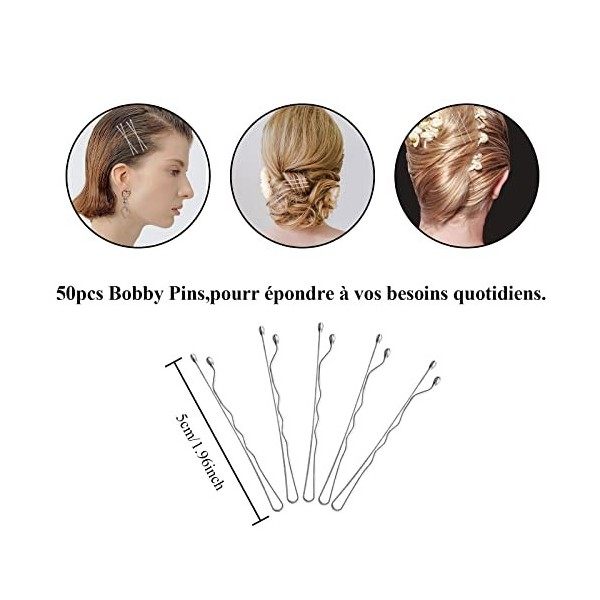 Epingles à Cheveux, 50 Pcs Argent Pinces à Cheveux Bout Rond Métal Bobby Pins pour Femmes Filles