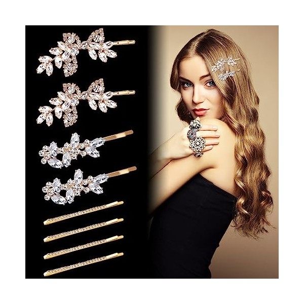 IBEQUEM Lot de 8 barrettes à cheveux en strass avec feuille de mariage, perle de cristal fleur, diamant étincelant, élégant b