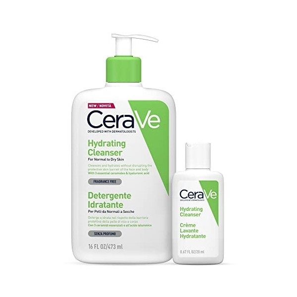 CeraVe Nettoyant Hydratant Visage et Corps, pour Peau de Normal à Sec, avec acide hyaluronique 473 ml + Travel Size Nettoyant...