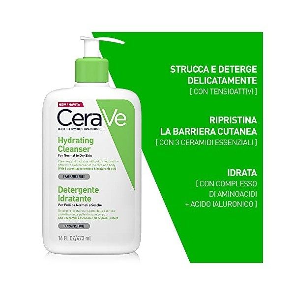 CeraVe Nettoyant Hydratant Visage et Corps, pour Peau de Normal à Sec, avec acide hyaluronique 473 ml + Travel Size Nettoyant