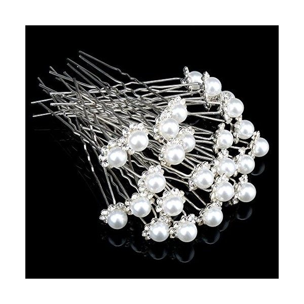 H&S Épingles à Cheveux en Perles pour Mariée - 40pcs - Accessoires Bijoux Floral en U pour Mariage - Pince Fleur pour Femme -