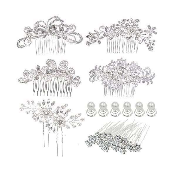 Insowni 32/22 Lot Argent Mariage Cheveux Peignes de côté + mariée cheveux Barrettes Perle Strass Coiffe pour femme fille mari