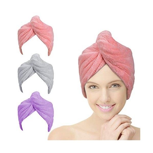 ACWOO Cheveux Serviette, 3pcs Cheveux Séchage Serviettes, Super Absorbant en Microfibre Serviette pour Cheveux Turban avec Bo