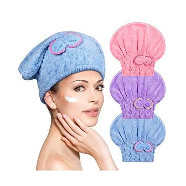 ACWOO Cheveux Serviette, 3pcs Cheveux Séchage Serviettes, Super Absorbant en Microfibre Serviette pour Cheveux Turban avec Bo