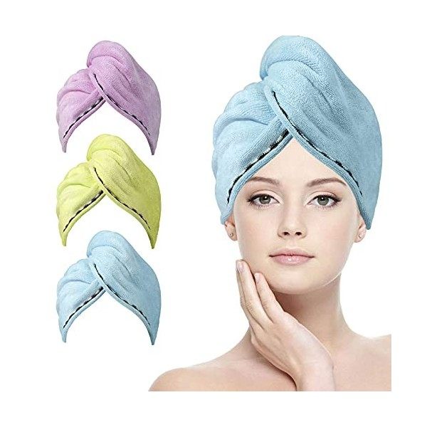 ACWOO Cheveux Serviette, 3pcs Cheveux Séchage Serviettes, Super Absorbant en Microfibre Serviette pour Cheveux Turban avec Bo