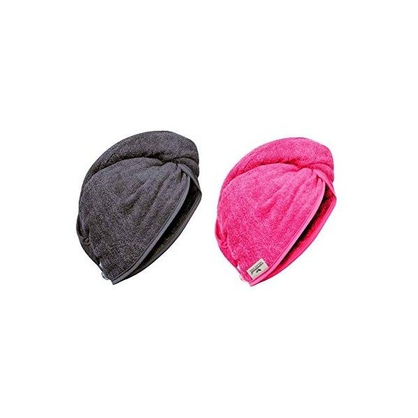 Carenesse Lot de 2 turbans pour cheveux - En coton - Avec bouton et boucle - Rose/gris - Absorbant pour un séchage en douceur