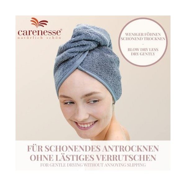 Carenesse Lot de 2 turbans pour cheveux - En coton - Avec bouton et boucle - Rose/gris - Absorbant pour un séchage en douceur