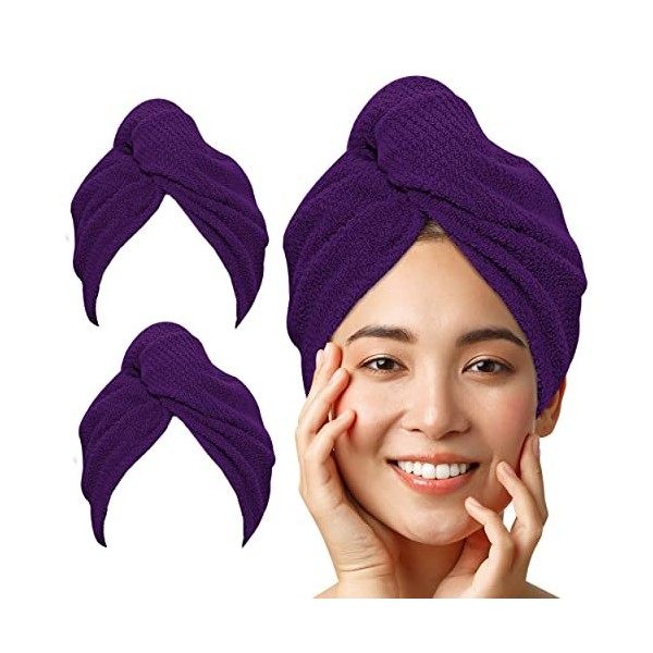 LUXTOGO Serviette turban pour cheveux - 100 % coton - Qualité supérieure - Avec bouton et élastique - Séchage rapide - Turban