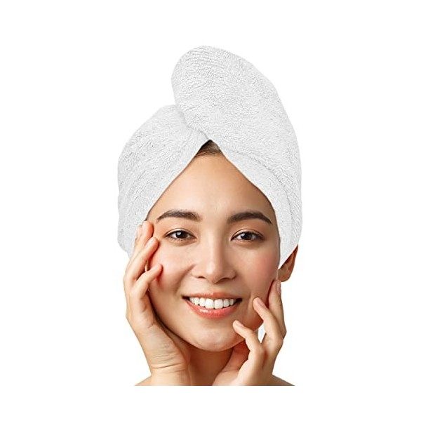 LUXTOGO Serviette turban pour cheveux - 100 % coton - Qualité supérieure - Avec bouton et élastique - Séchage rapide - Turban...