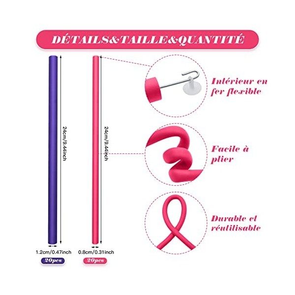 ZYNERY 40 Pièces Bigoudis Flexibles, Bigoudis de Cheveux, Tige de Curling Sans Chaleur et 2 Peignes en Acier, Curleurs en Mou