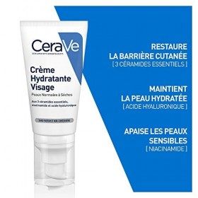 CeraVe Crème Hydratante Visage | 2 x 52ml | Crème Visage Hydratante 24h à lAcide Hyaluronique pour Peaux Normales à Sèches