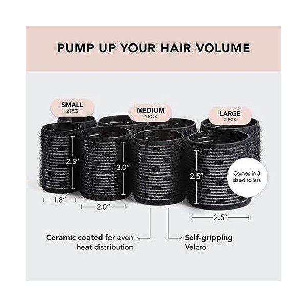 Kitsch Lot de 8 bigoudis thermiques en céramique - Velcro pour le volume des cheveux - Grands rouleaux pour cheveux longs - R