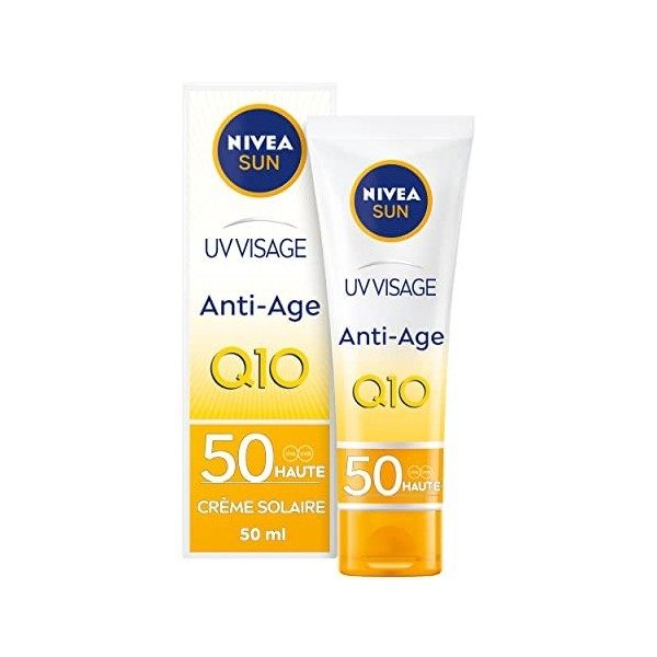 NIVEA SUN Crème Solaire Visage femme anti-âge FPS 50 1 x 50 ml , crème hydratante formule Q10 pour usage quotidien, protecti