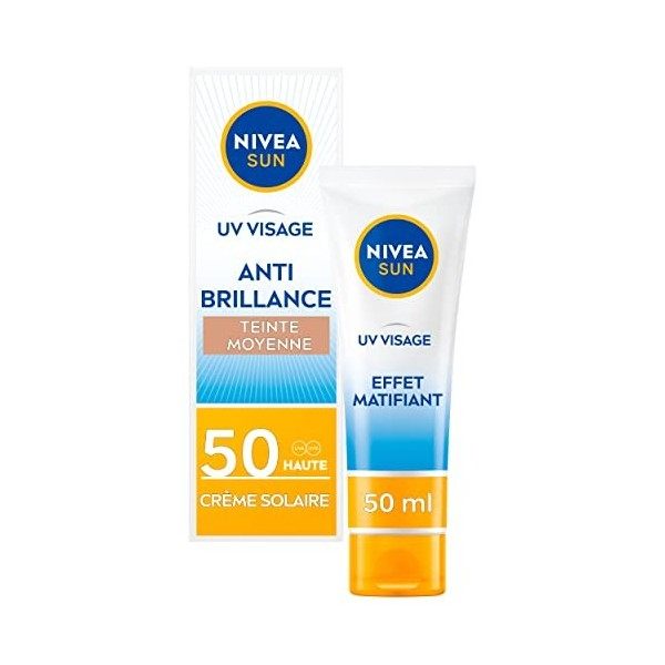 NIVEA SUN Crème teintée 50 FPS Anti Brillance 1 x 50 ml , Soin visage matifiant léger et non-gras, Fluide teinté à la formul