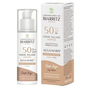 Laboratoires de Biarritz - Crème Solaire Visage Teintée Beige - SPF50 - ALGA MARIS® Certifiée Bio - Hydrate, Matifie, Unifie 
