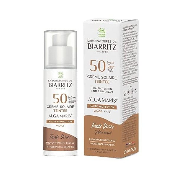 Laboratoires de Biarritz - Crème Solaire Visage Teintée Beige - SPF50 - ALGA MARIS® Certifiée Bio - Hydrate, Matifie, Unifie 