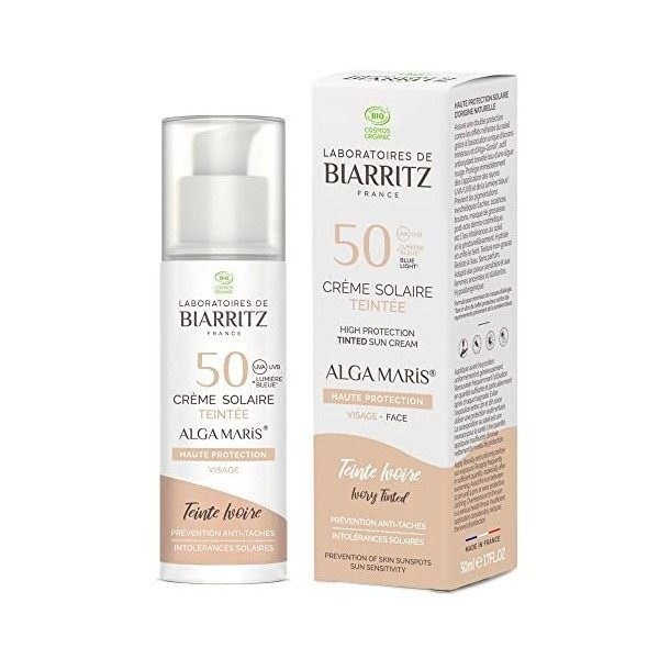 Laboratoires de Biarritz - Crème Solaire Visage Teintée Beige - SPF50 - ALGA MARIS® Certifiée Bio - Hydrate, Matifie, Unifie 