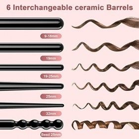 6 en 1 Fer à Boucler, Fer à Friser Professionnels Interchangeable en Céramique Tourmaline pour cheveaux bouclé, 2 Niveaux des