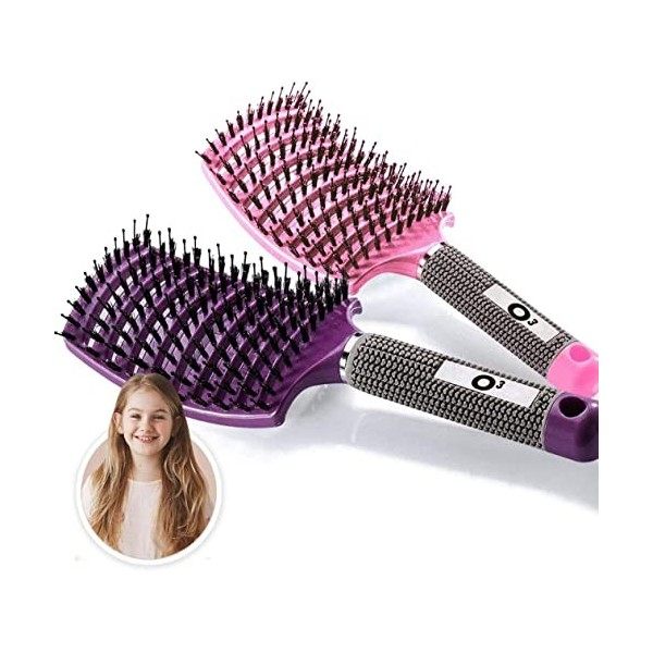 2 Brosses à Cheveux en Poils de sanglier- Démélant 100% Narurel - Démêler sans larmes ! Set Brosses Rose et violette 