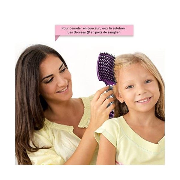 2 Brosses à Cheveux en Poils de sanglier- Démélant 100% Narurel - Démêler sans larmes ! Set Brosses Rose et violette 