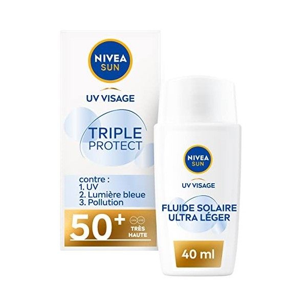 NIVEA SUN Soin solaire visage Triple Protect 50+ 1 x 40 ml , Fluide visage à la texture ultra-légère, Fluide protecteur quot