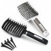 Lictin 2 Brosse à Cheveux en Poils de Sanglier Anti-Nœud & 4 Epingles à Cheveux Noir et Blanc 