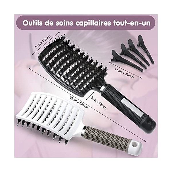 Lictin 2 Brosse à Cheveux en Poils de Sanglier Anti-Nœud & 4 Epingles à Cheveux Noir et Blanc 