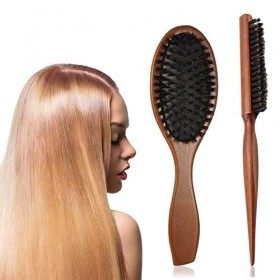 2PCS Brosse à Cheveux de Poils de Sanglier Naturel, Antistatique Massage du Cuir Chevelu Peigne, Brosse en Bois Cheveux, Bros