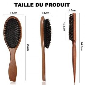 2PCS Brosse à Cheveux de Poils de Sanglier Naturel, Antistatique Massage du Cuir Chevelu Peigne, Brosse en Bois Cheveux, Bros